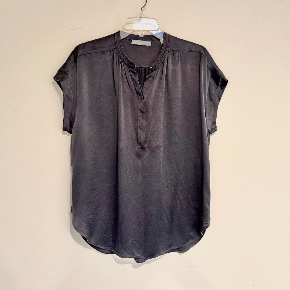 Vince Metal Grey Silk Cap-Sleeve Blouse